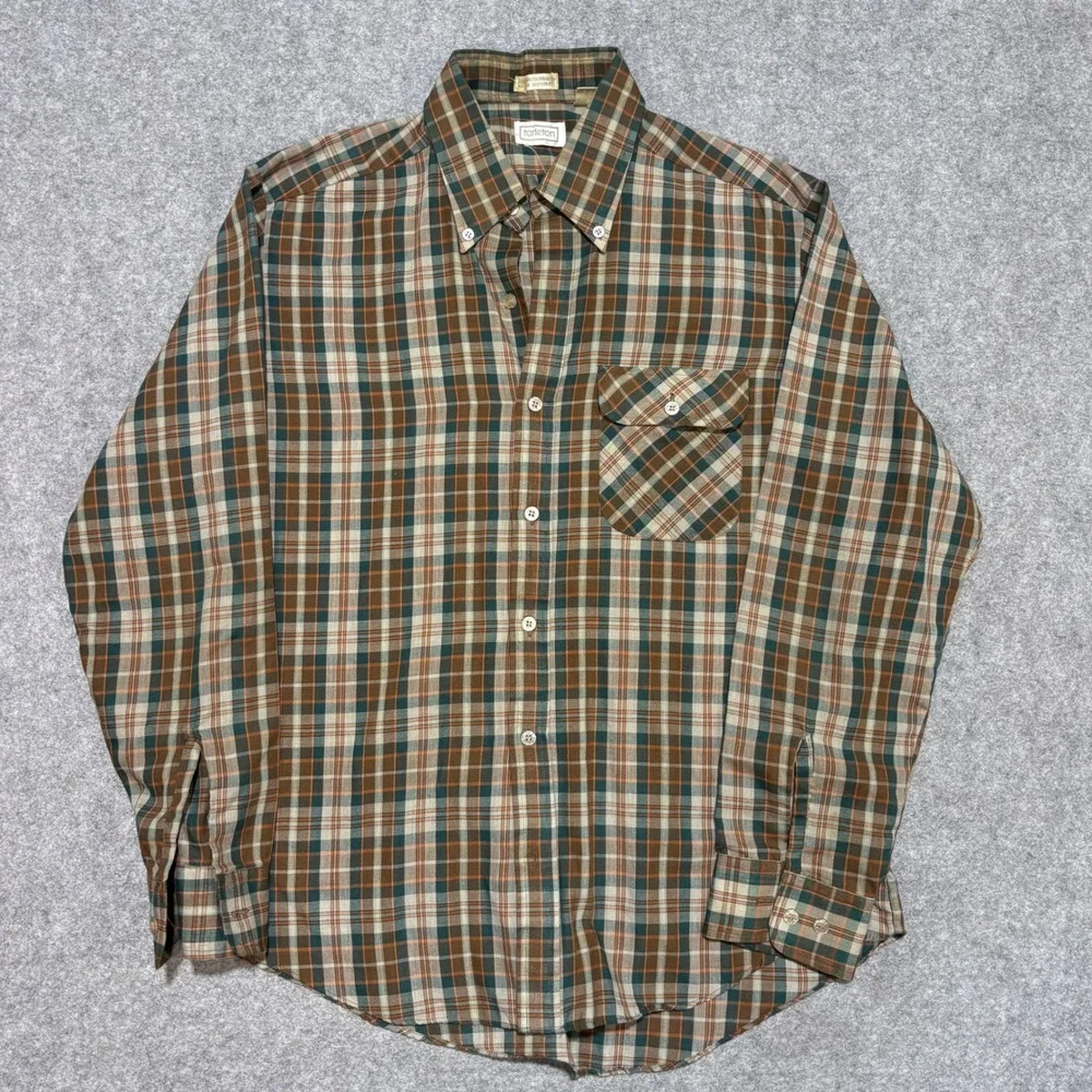 Vintage Tarleton Mens Plaid Button Down Shirt Brown Green Long Sleeve Medium